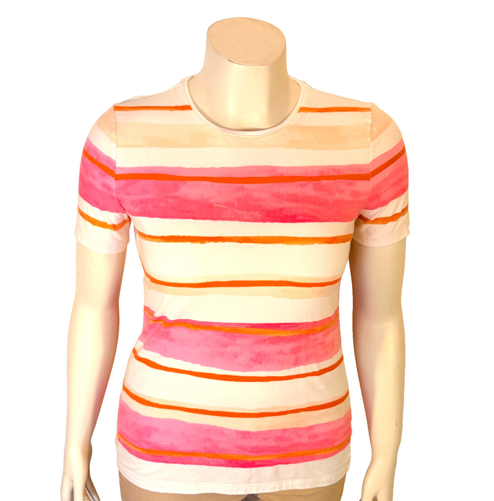 Talbots Tee Shirt Women's M Watercolor Pink Orange White Wide Stripe Crew Neck